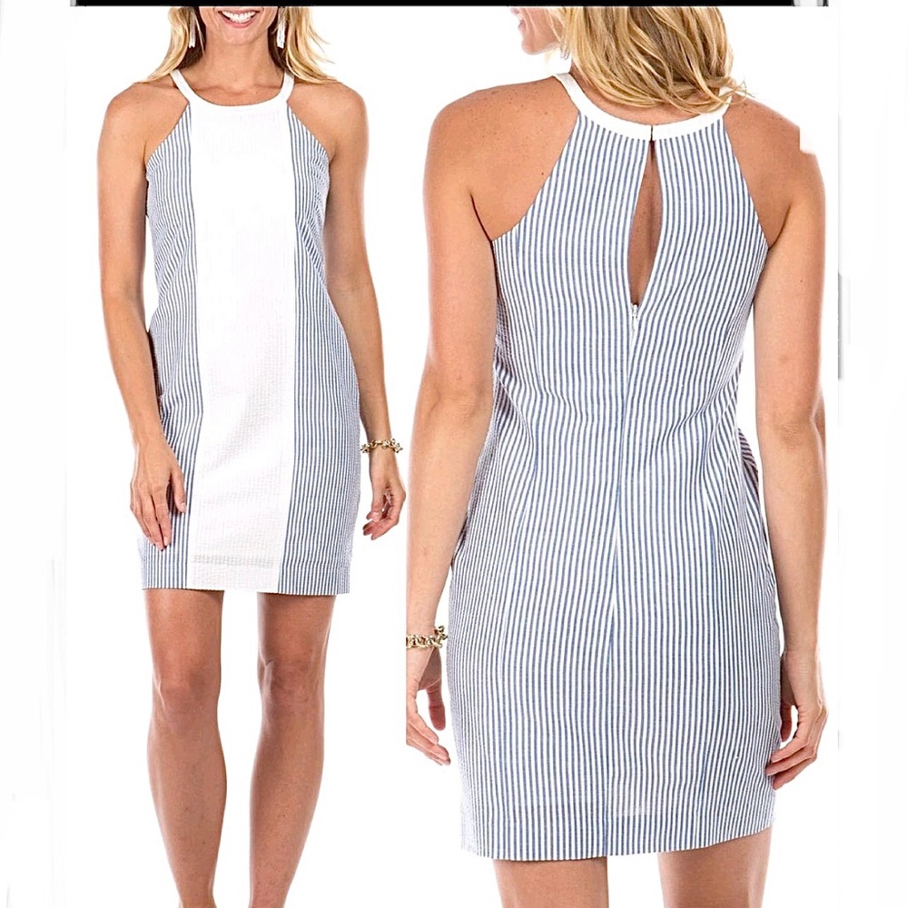 NWT Duffield Lane Rhodes blue white stripe seersucker halter sleeveless size XS
